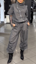 Grey Zip-Up Casual Tracksuit Two-Piece Outfit