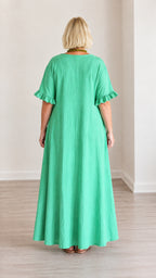 Back view of green ruffle sleeve casual maxi dress