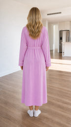 Back view of model in lilac midi wrap robe