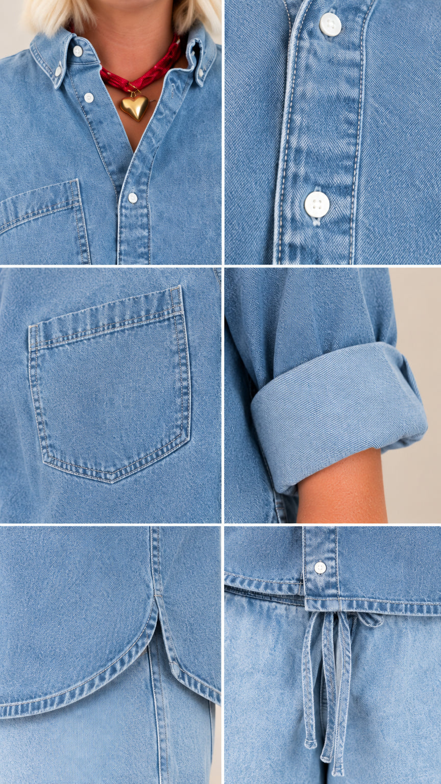 Close-up detail shots of denim collar, buttons, chest pocket, hem, and drawstring