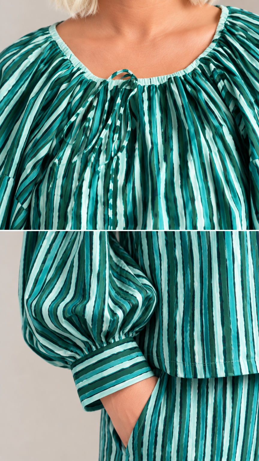 Close-up detail of green striped gathered tie neckline and cuff with pant pocket