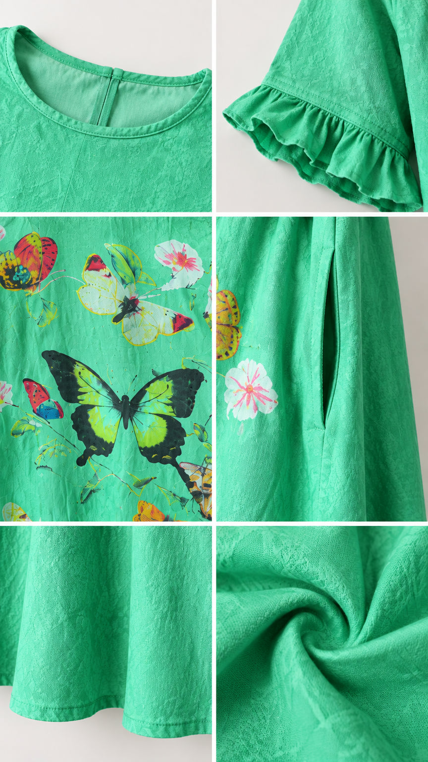 Close-up details of neckline, ruffled cuff, butterfly print, side pocket, and textured fabric