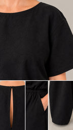Close-up details of neckline, back slit, elastic waist, and side pocket on black jumpsuit
