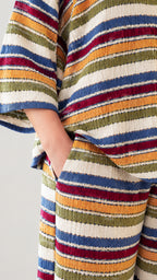 Close-up detail of textured knit horizontal stripes and side pants pocket