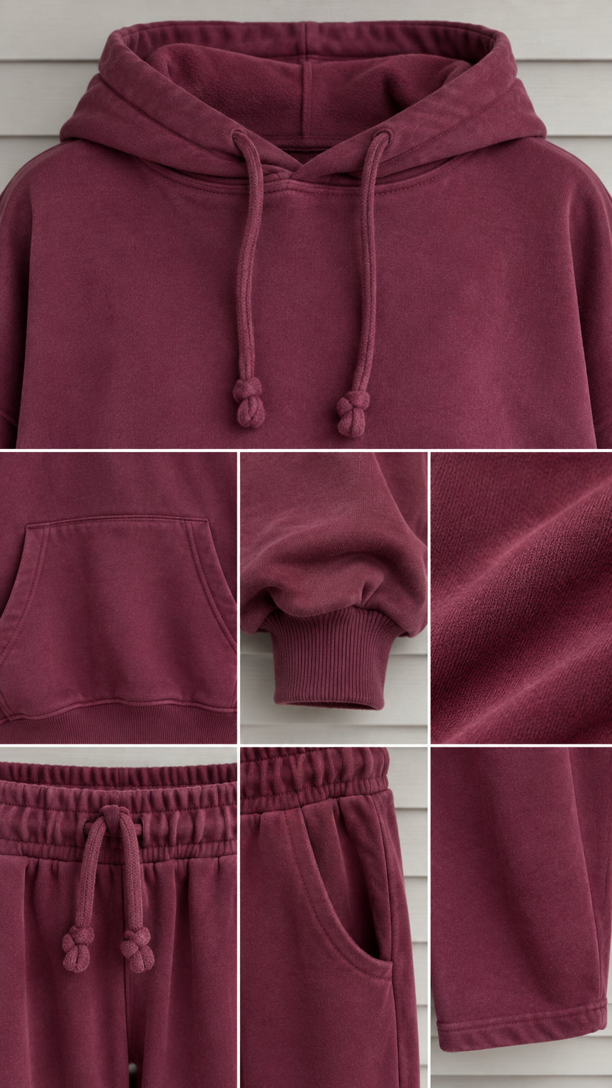 Detailed close-up collage of burgundy hoodie neckline, kangaroo pocket, ribbed cuffs, and drawstring waistband