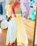 Rainbow Patchwork Puff Sleeve Jumpsuit