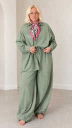 Front full-length view of model wearing Sage Green button-down shirt and wide-leg trousers set