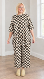 Khaki and black checkered two-piece tunic and wide-leg crop pants set
