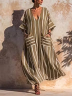 Women's Boho Striped V-Neck Kaftan Maxi Dress with Pockets