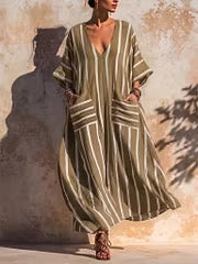 Women's Boho Striped V-Neck Kaftan Maxi Dress with Pockets