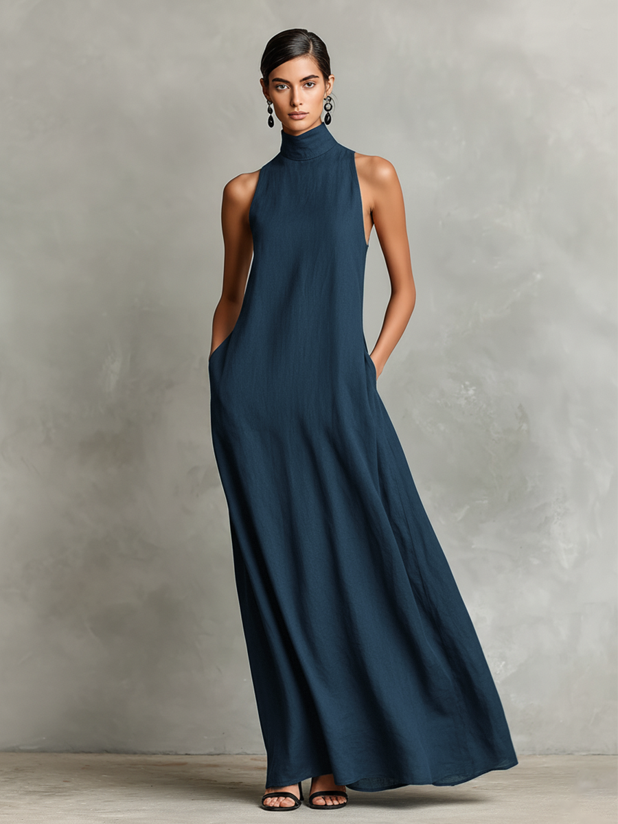 High-Neck Pocket Maxi Dress