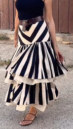 Black And White Stripe Tiered Maxi Skirt