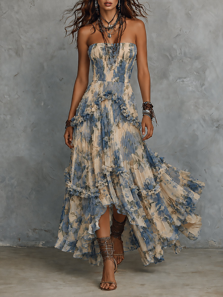 Strapless Printed Chiffon Maxi Dress