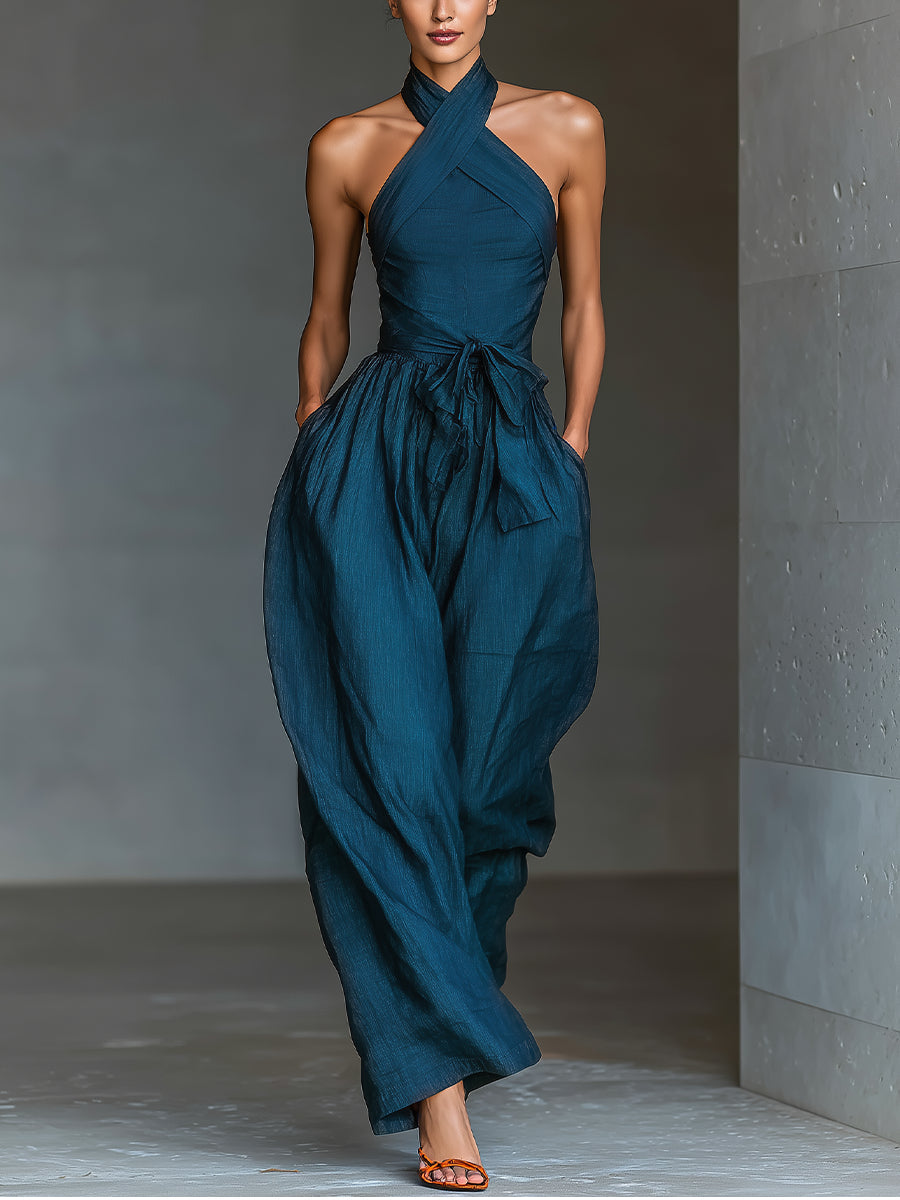 Navy Linen Cross-Back Wide-Leg Jumpsuit