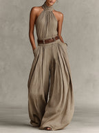 Taupe Boho Halter Wide-Leg Jumpsuit(Without Belt)