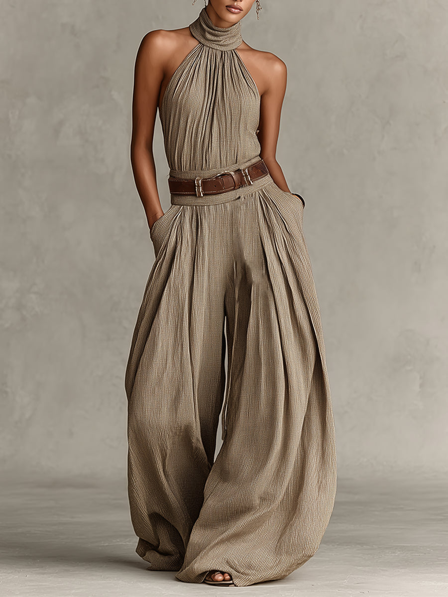 Taupe Boho Halter Wide-Leg Jumpsuit(Without Belt)