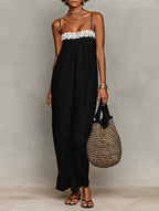 Linen Lace-Insert Strapless Maxi Dress