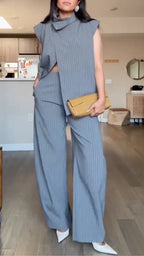 Grey Pinstripe Sleeveless Vest & Wide Leg Pants Set