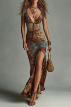 Vintage Floral Ruched Maxi Dress
