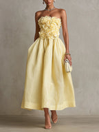 Yellow 3D Flower Strapless Midi Dress