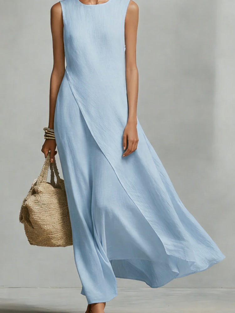 Sleeveless  Asymmetric Hem Ivory Breathable Linen Dress