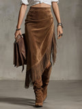 Retro Western Style Irregular Design Fringed Suede Skirt