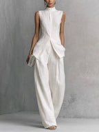 White Linen-Cotton Sleeveless Top & Wide-Leg Pant Set