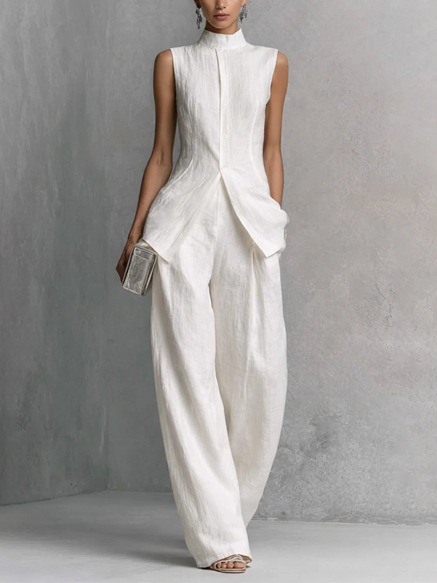 White Linen-Cotton Sleeveless Top & Wide-Leg Pant Set