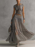 Grey Lace-Paneled Top and Pleated Maxi Skirt Set