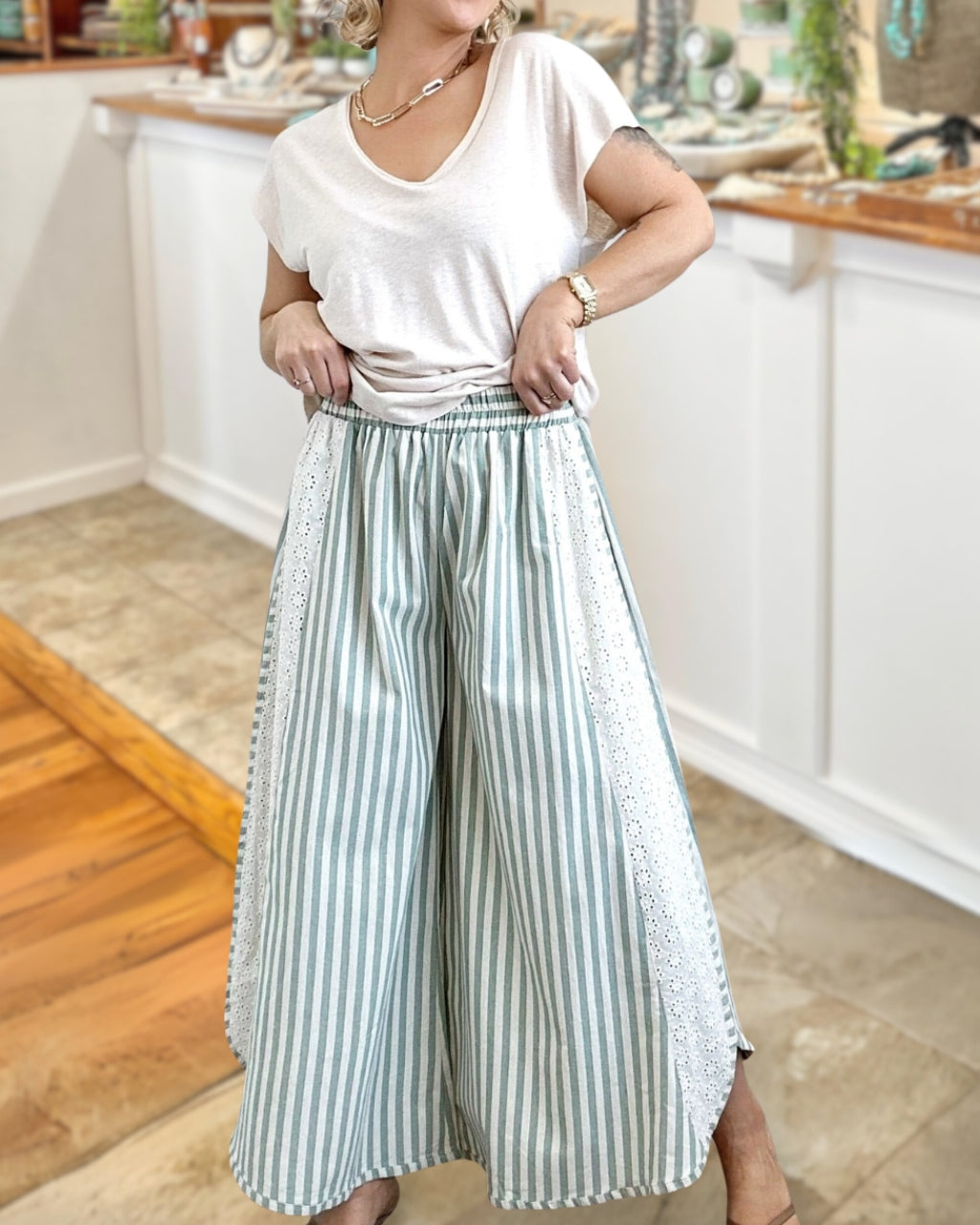 All Day Lace Trim Stripe Pants