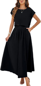 2025 Summer Skirt Sets Women 2 Piece Outfits Cap Sleeve Top Elastic Waist Maxi Dress Sets with Pockets