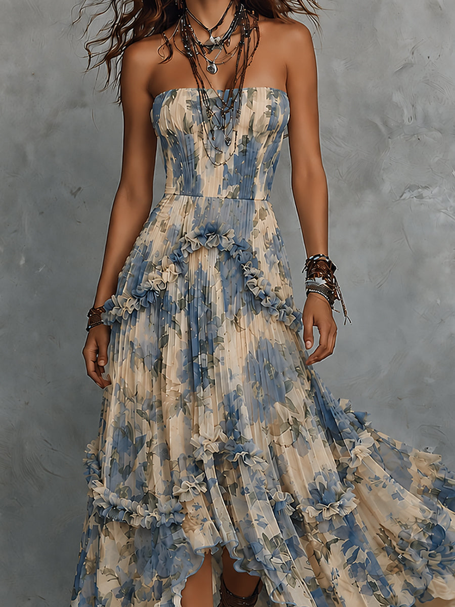 Strapless Printed Chiffon Maxi Dress