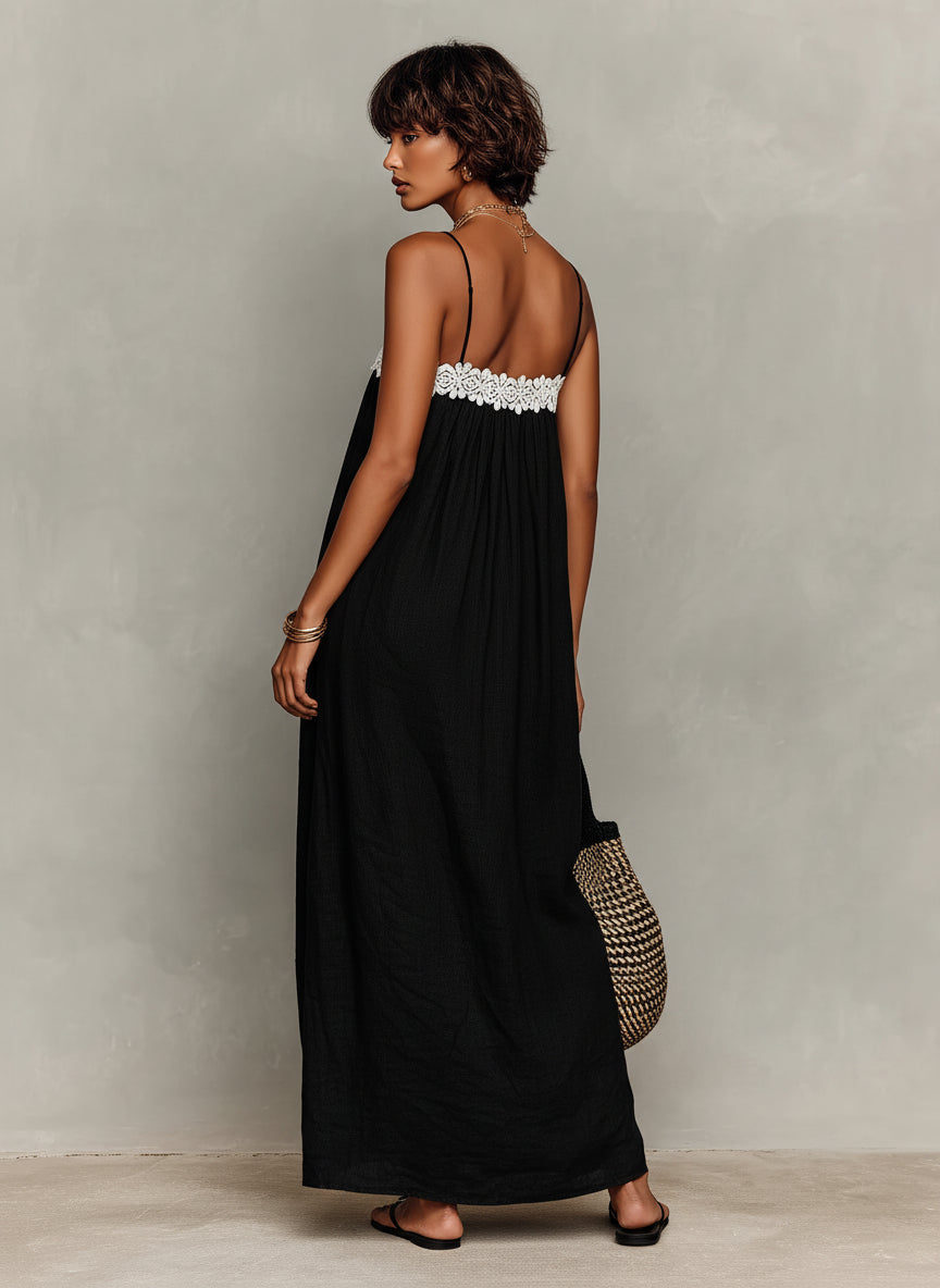 Linen Lace-Insert Strapless Maxi Dress