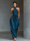 Navy Linen Cross-Back Wide-Leg Jumpsuit