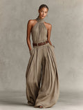 Taupe Boho Halter Wide-Leg Jumpsuit(Without Belt)