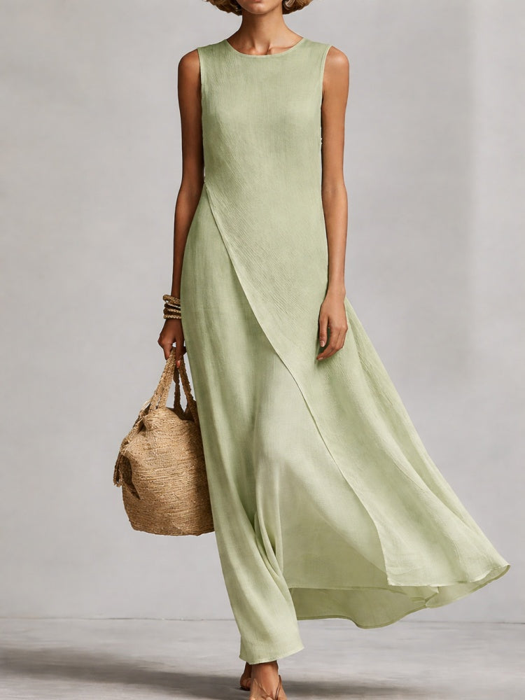 Sleeveless  Asymmetric Hem Ivory Breathable Linen Dress