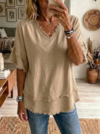 CLEARANCE SALE✨Vintage Frayed V Neck Linen Top