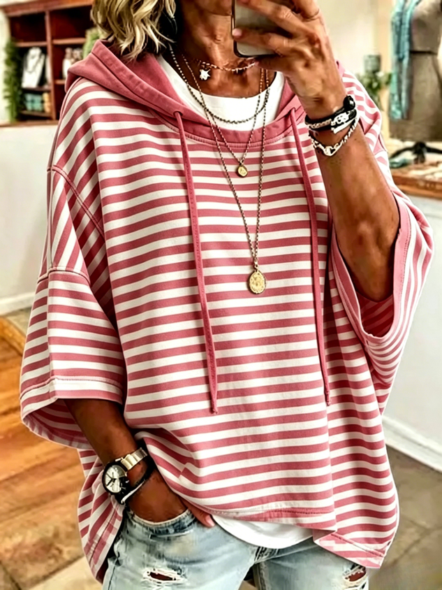 New Arrivals🔥Women Striped Half Sleeve Casual Daily Hoodie