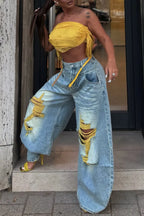 Acid Wash Yellow-Thread Ripped Baggy Jeans