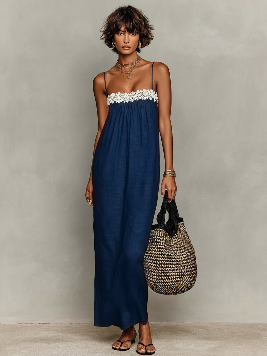 Linen Lace-Insert Strapless Maxi Dress