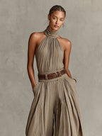 Taupe Boho Halter Wide-Leg Jumpsuit(Without Belt)
