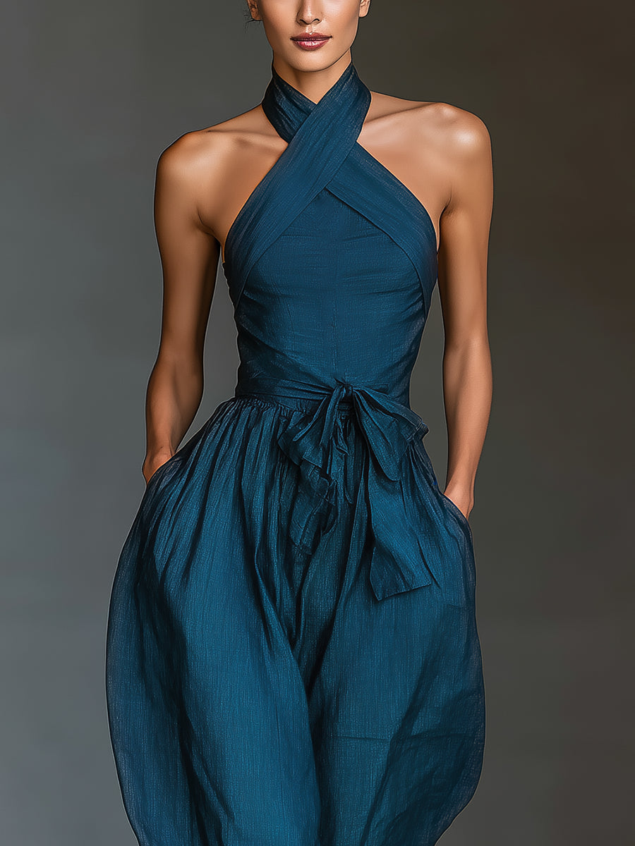 Navy Linen Cross-Back Wide-Leg Jumpsuit
