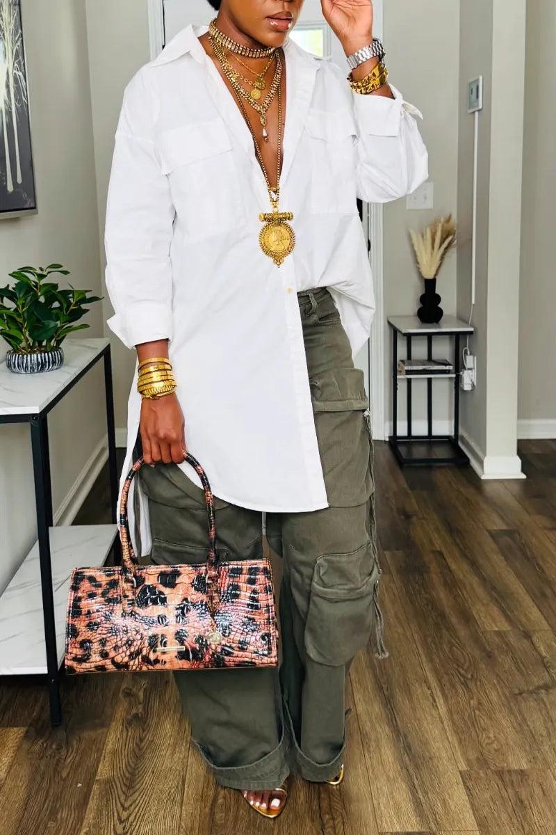 Oversized White Shirt & Cargo Pants Two-Piece Outfit