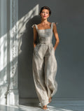 Beige Stripe Linen-Blend Tie-Shoulder Wide-Leg Jumpsuit