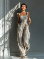 Beige Stripe Linen-Blend Tie-Shoulder Wide-Leg Jumpsuit