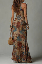 Vintage Floral Ruched Maxi Dress