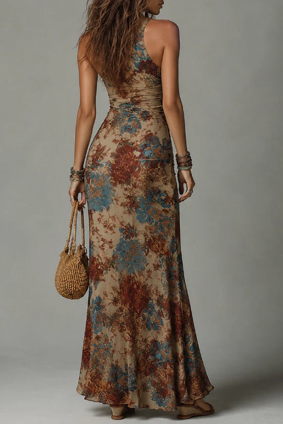Vintage Floral Ruched Maxi Dress