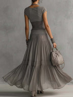 Grey Lace-Paneled Top and Pleated Maxi Skirt Set