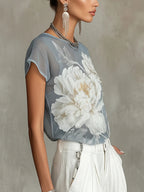 Blue Floral Chiffon Blouse