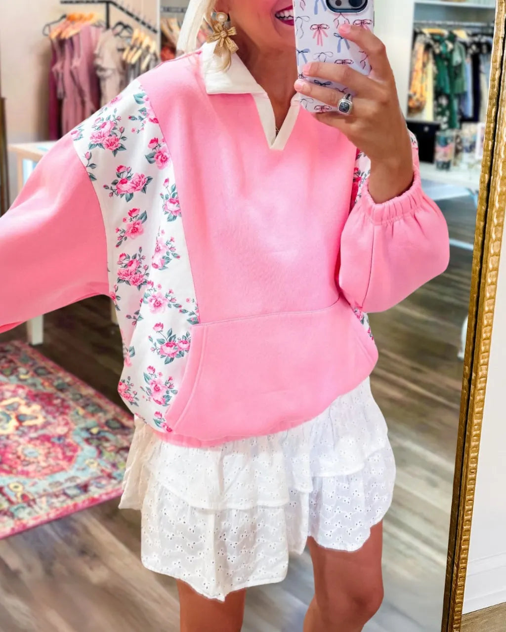 Floral Color Block Lapel Sweatshirt